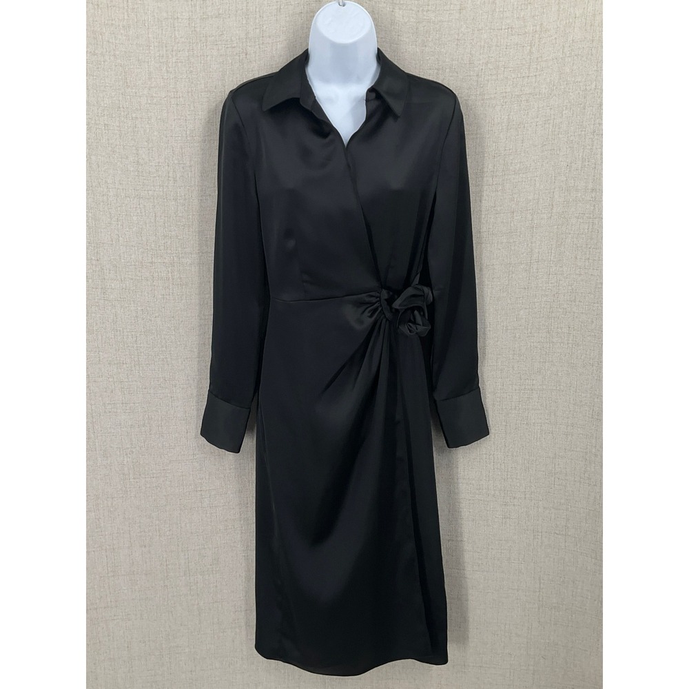 Worthington Wrap‎ Dress Women XS Black Satin Collared Long Sleeve Side Tie Midi